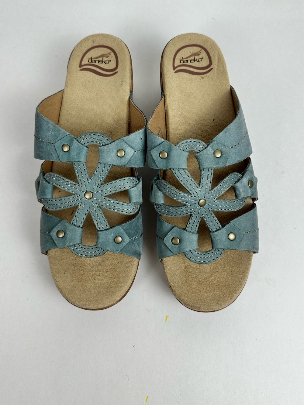 Dansko Serena Blue Leather Floral Wedge Sandals EU 42
